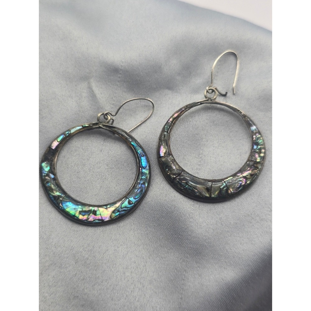 Vintage Mexico Sterling Abalone Shell Inlay Hoop Dangle Drop Earrings 1.75in
